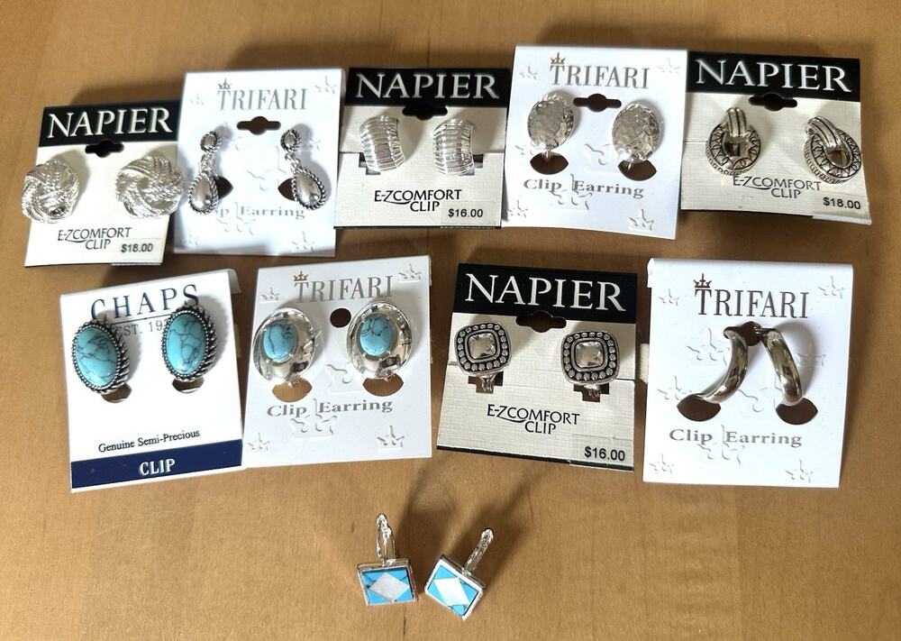 Lot of 10 Napier Monet RL Clip On Earrings E-Z Comfort Silvertone & Goldtone